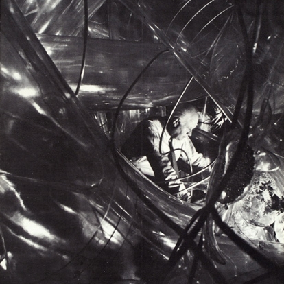 Invitation, back cover. Image of Burtin inside Inflammation: Defense of Life exhibit. Shown at American Medical Association meeting, New York Coliseum, July 13-17, 1969.