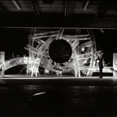 Photograph. Will Burtin with Inflammation: Defense of Life exhibit, 1969. Photographer: Ezra Stoller © Esto