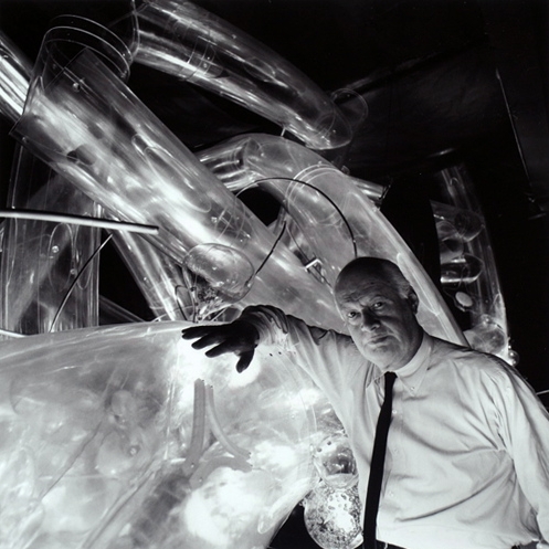 Photograph. Will Burtin with Inflammation: Defense of Life exhibit, 1969. Photographer: Ezra Stoller © Esto