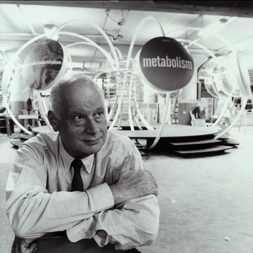 Photograph. Will Burtin with Metabolism exhibit during construction at The Displayers in New York City, 1963.