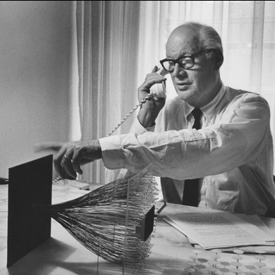 Photograph. Will Burtin in office with model of the Muscle, designed for Upjohn, 1968. Photographer: A.V. Sobolewski