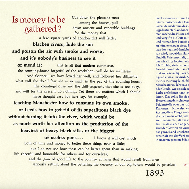 Quote by William Morris printed in black, red, and blue.