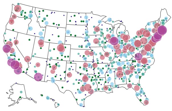 A map of the United States locating institutions with quantum-related courses. The size of a circle indicates the number of quantum-related courses at that institution. 