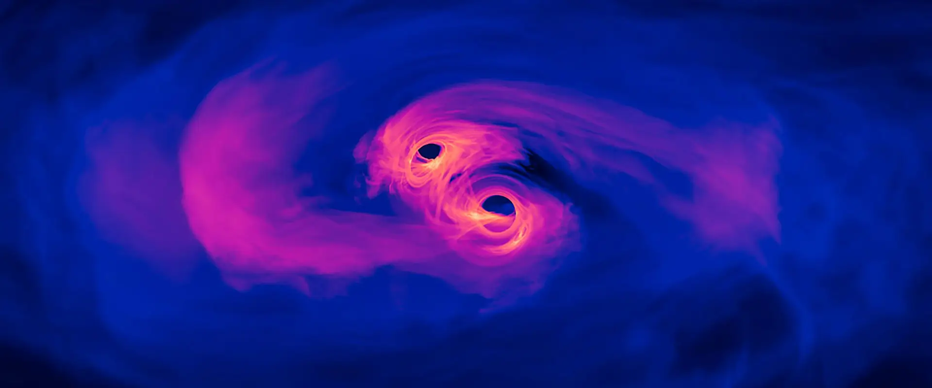 A digital illustration of two black holes in a binary system, spiraling toward each other in a cosmic dance.