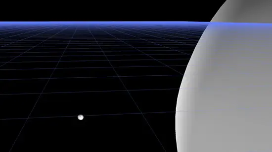 A computer simulation of a small object in space approaching a large object.