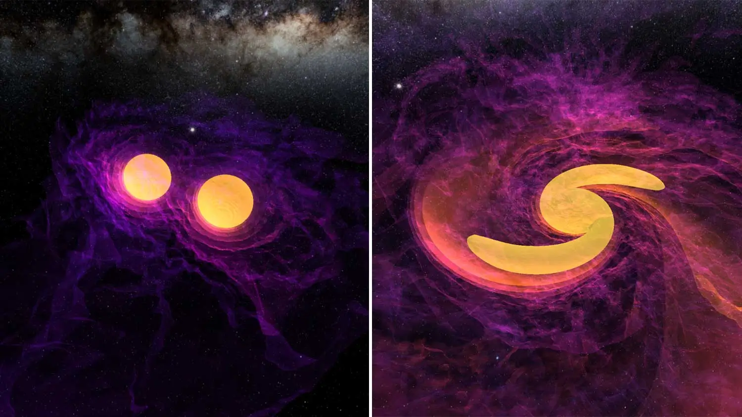 side-by-side images of a computer simulation of two black holes on the left, and the black holes merging, forming a spiral, on the right.