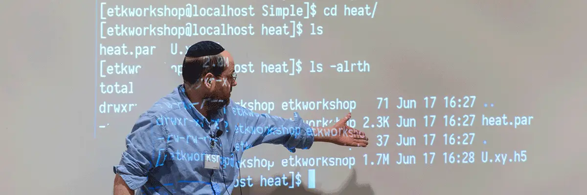 Professor gestures to data displayed on a projector screen.