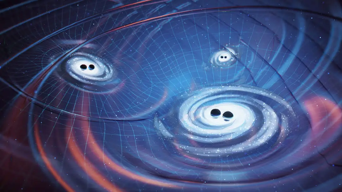 A computer simulation of pair of black holes spinning.