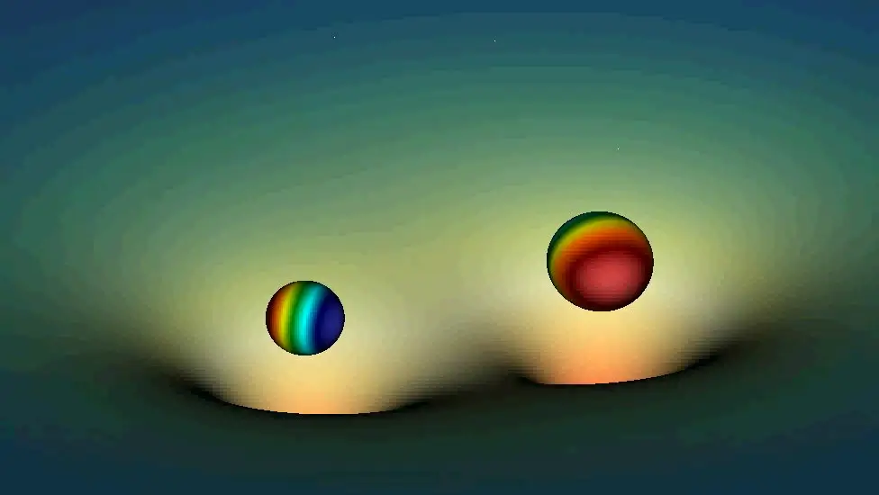 A computer simulation of two colorful objects near two openings.