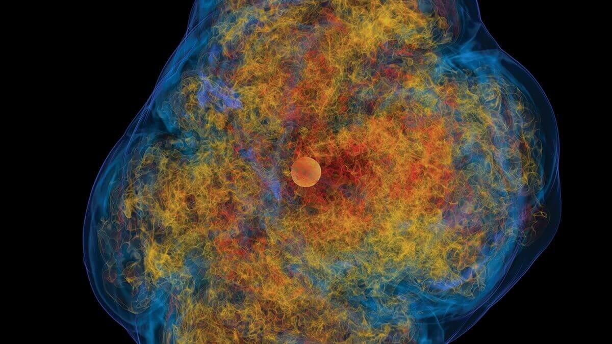 a visualization of a supernova, with radiating swirls of red, orange, yellow, and blue