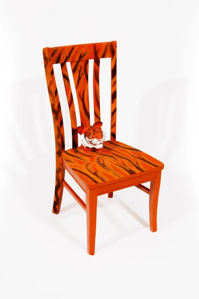 Tiger handmade head with bold stripes and RIT spirit.