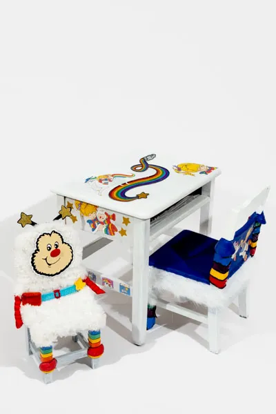 2 small chairs and wooden desk - rainbow brite theme