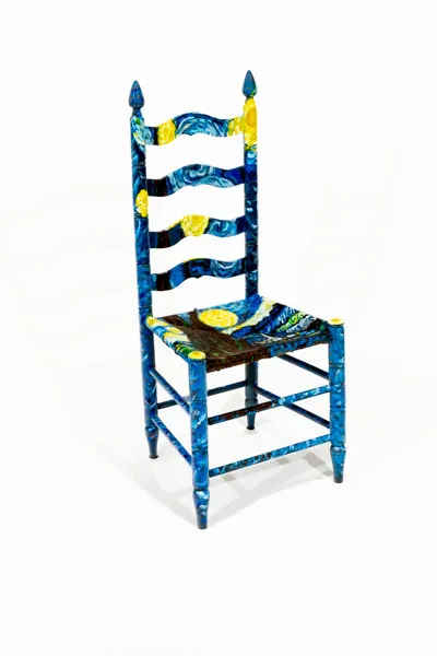 Chair resembles one that Van Gogh had in his own room and is painted like Starry Night