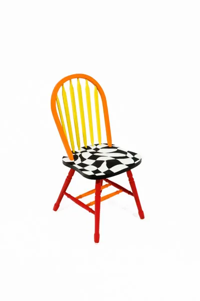 Wavy checkered pattern on the seat, orange top and yellow bars and red and orange legs 