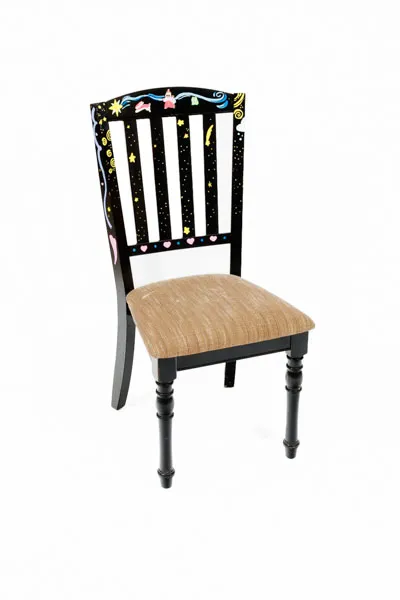 A dark brown chair with stars, swirls, and 3 characters running towards a shooting star