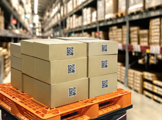 stack of boxes with QR codes in warehouse