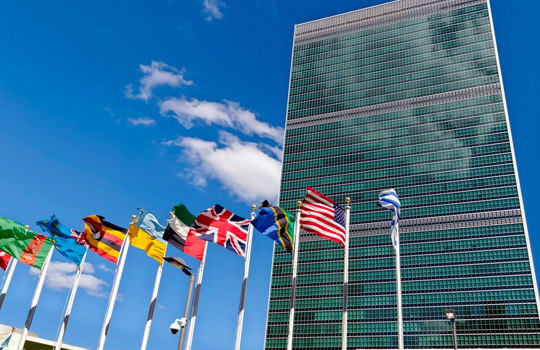 exterior photo of United Nations building with international flags in foreground