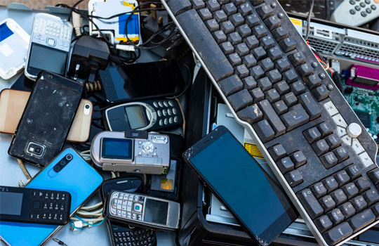 pile of broken phones, keyboards and other electronics