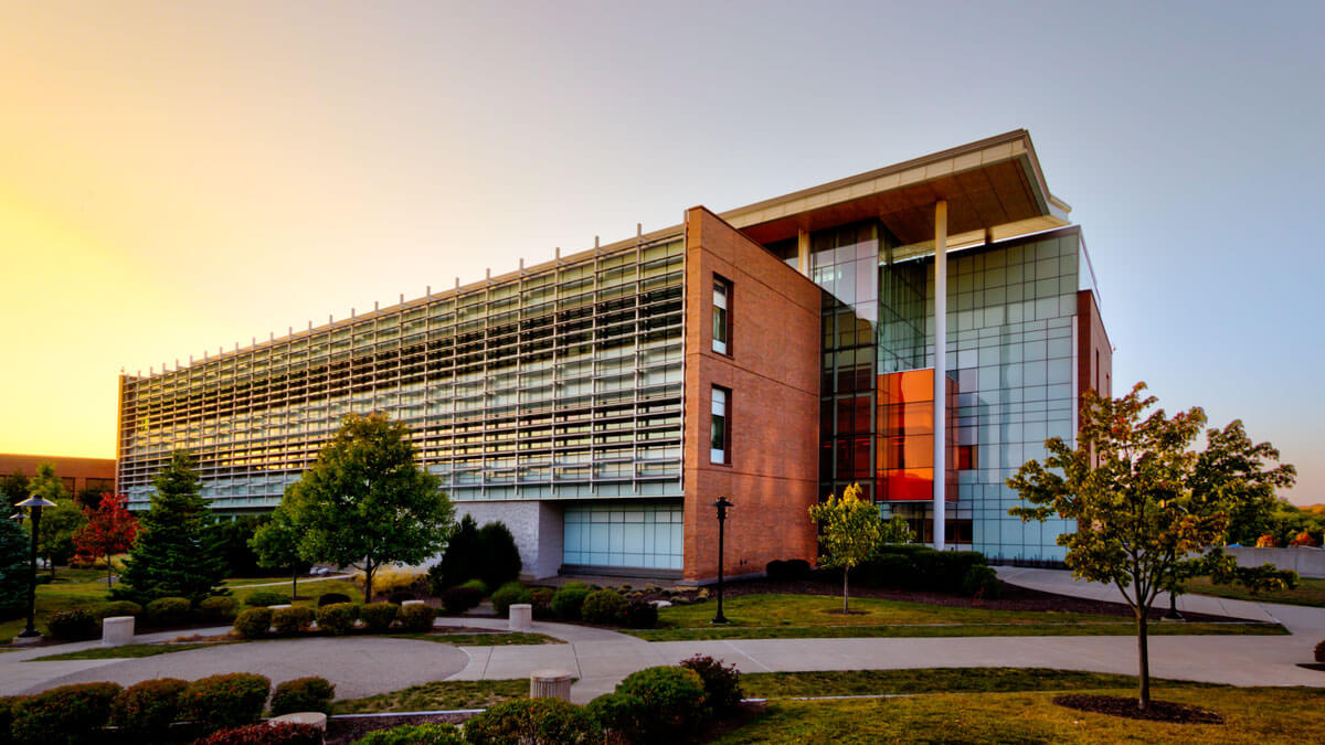 Exterior of the Golisano Institute for Sustainability at sunset.