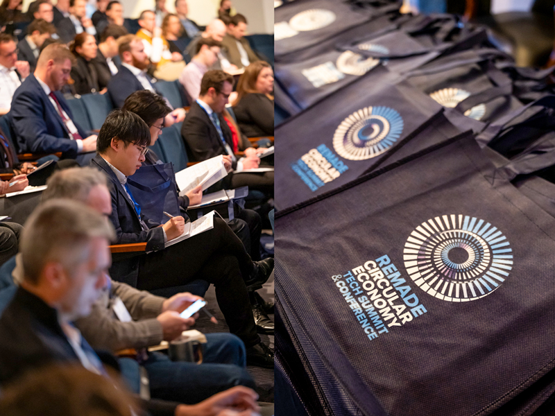 split screen image with audience close up on left and close up of REMADE bags on right