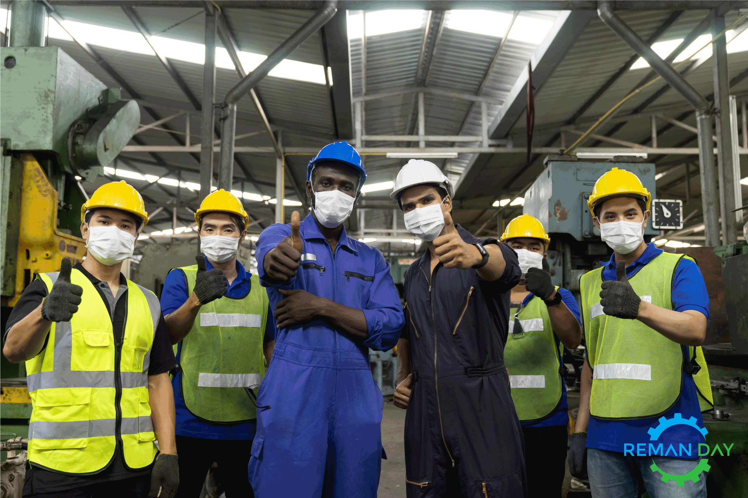 group of worker wearing hard hats, giving a thumbs up