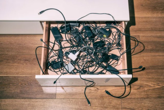 green cables are shown jumbled up in a white drawer.