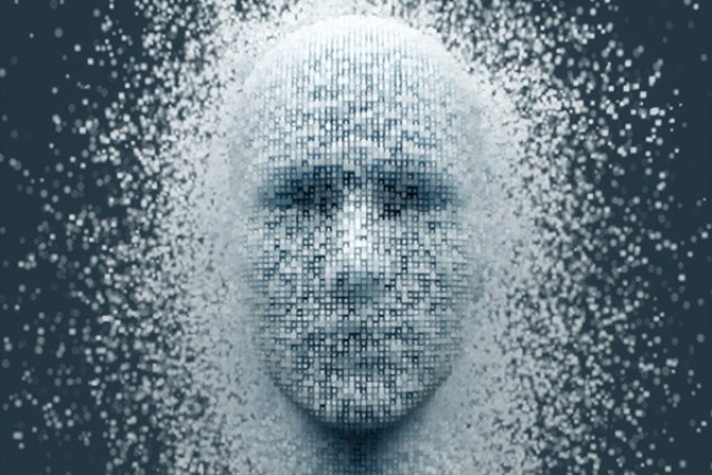 a pixelated image of a face in black and white, dispersed around the edges.