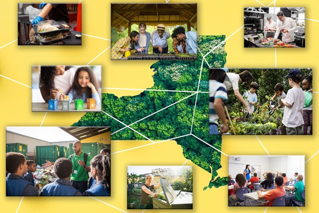 Collage of photos around a New York State outline filled with a green leaf texture, showing NYSP2I sustainability initiatives: food composting and donation, a school food waste sorting demonstration, a community garden with children, culinary students preparing food, and a classroom lesson on waste reduction.