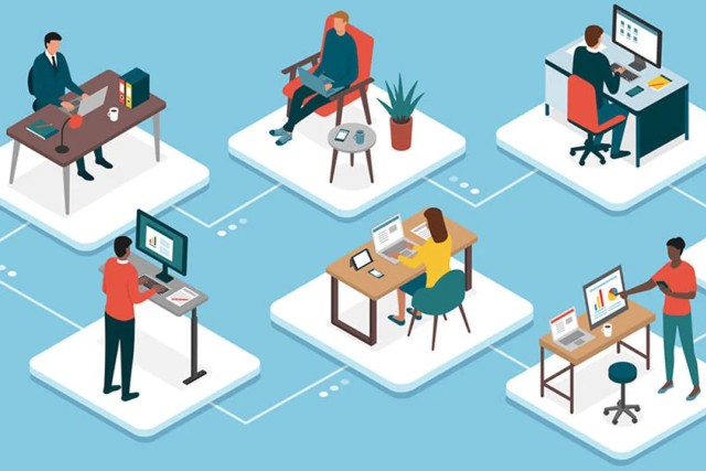 An illustration collage of people working remotely and their setups