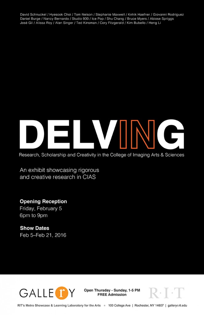 black poster with "delving in" in white and orange font