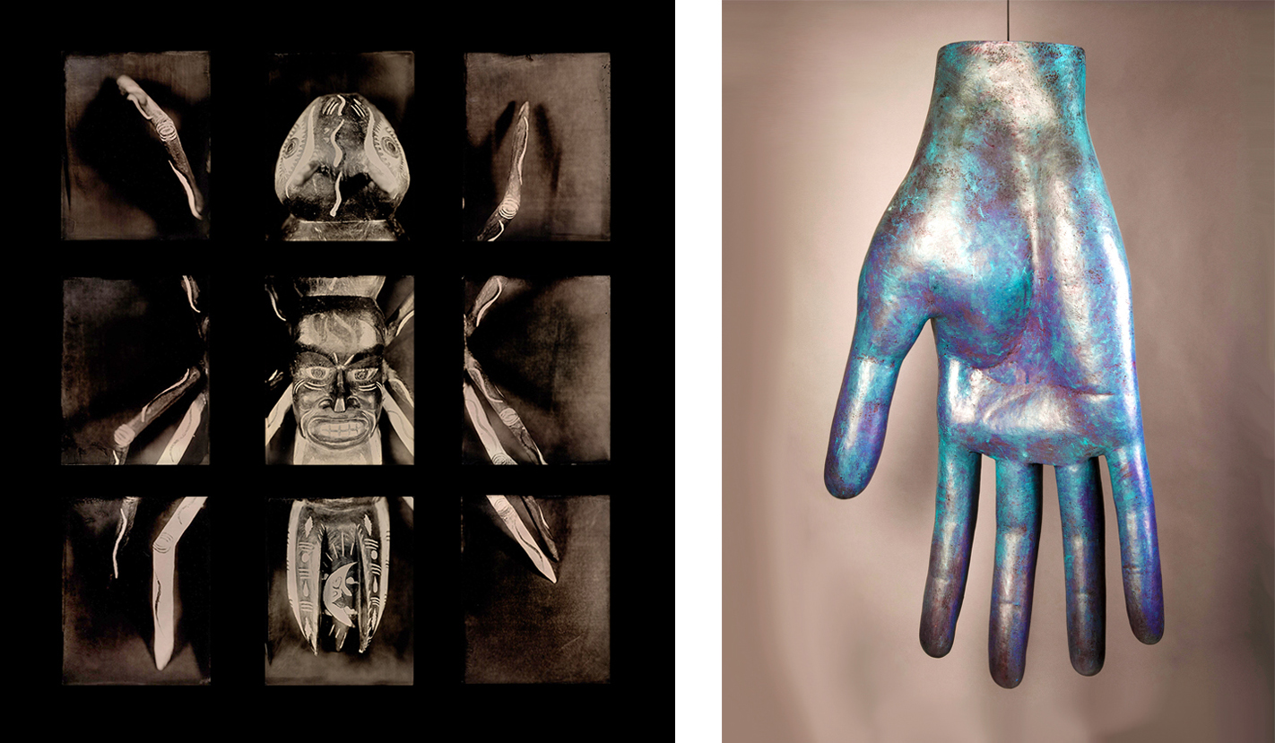 An image of a tin type and a sculpture of a hand side by side