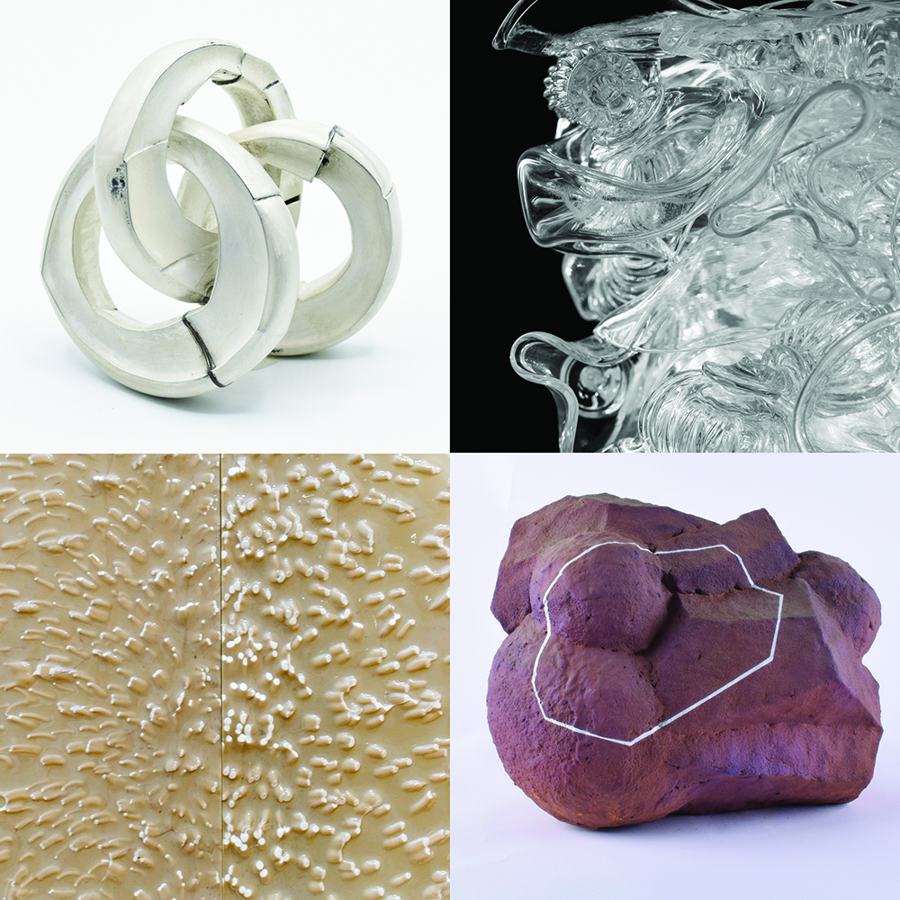 A grid of 4 images of glass art