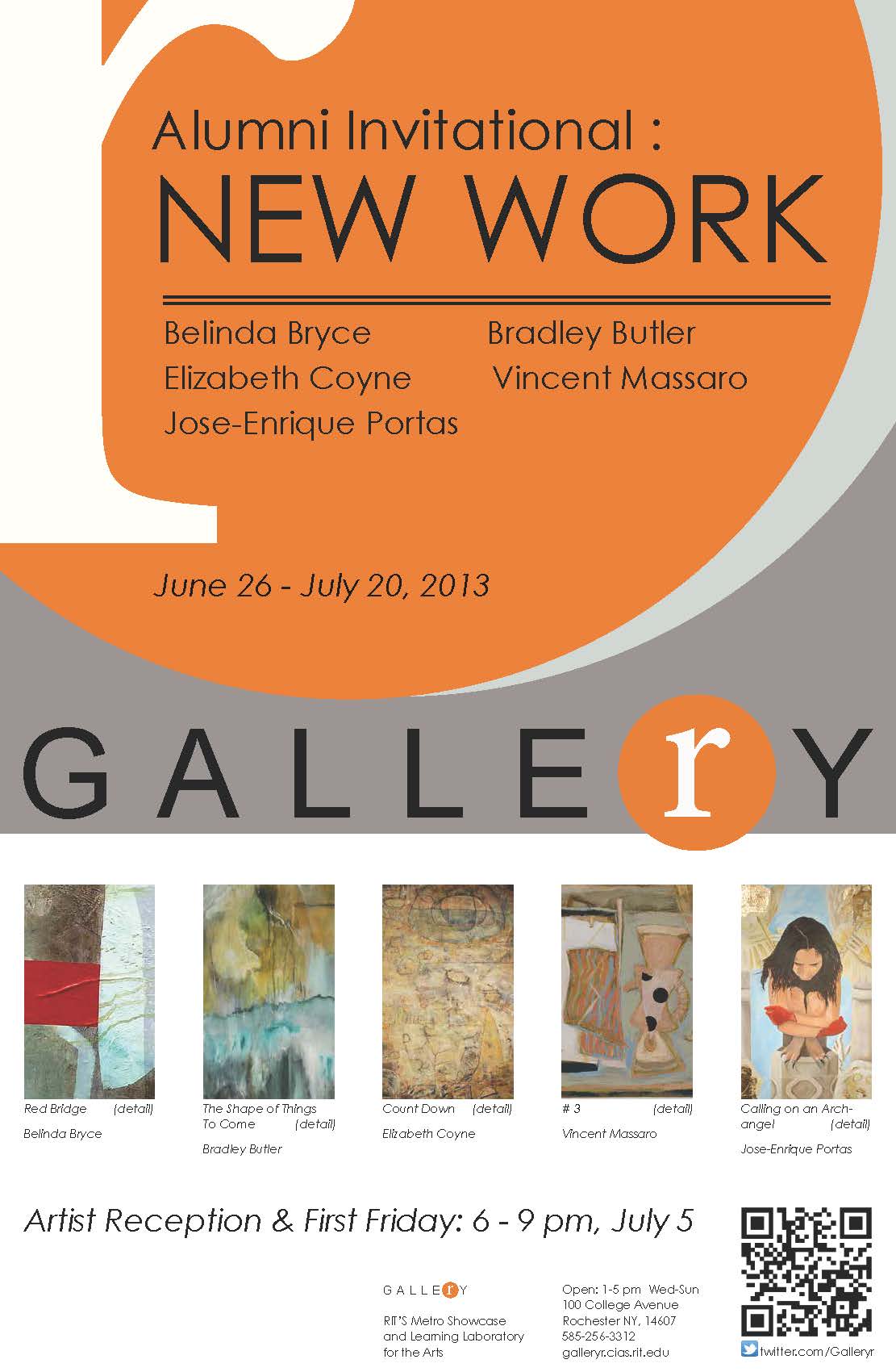 Poster with exhibition info and 5 small images of work from the show