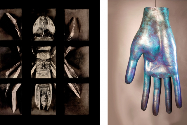 An image of a tin type and a sculpture of a hand side by side