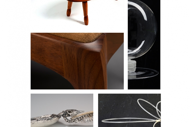 grid of student art with exhibition information