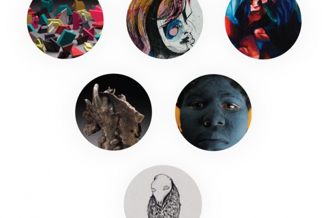 student art cut into circles with exhibition info