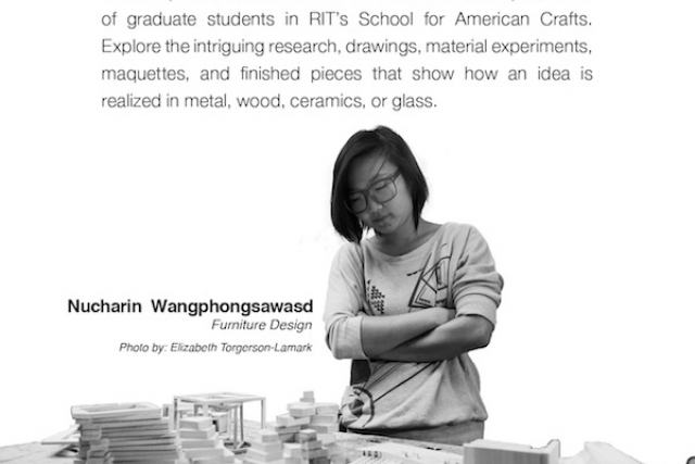 Poster with exhibition info featuring a student looking at her project