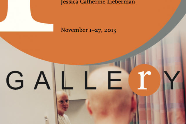 Poster with exhibition info that features a photo of a woman looking into a mirror