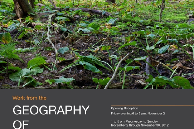 Poster with exhibition info featuring photo of a forest floor