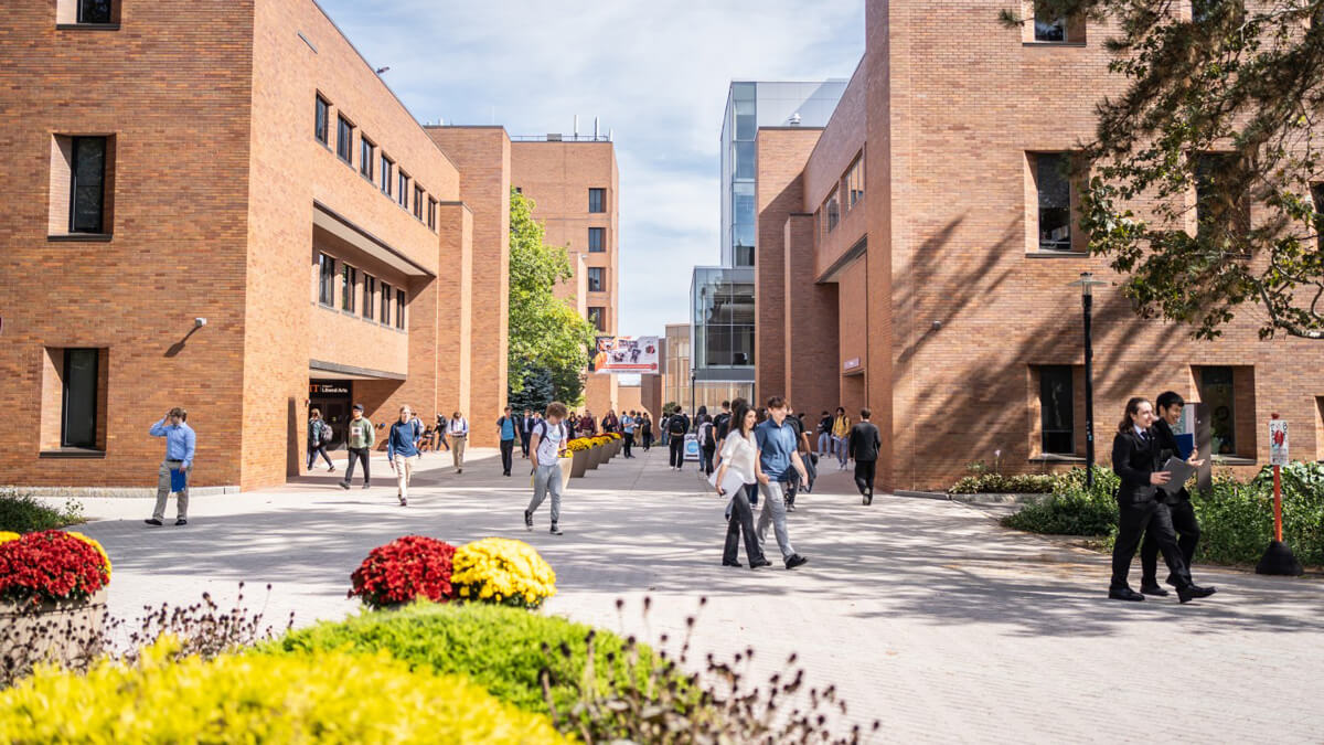 view of students walking across campus