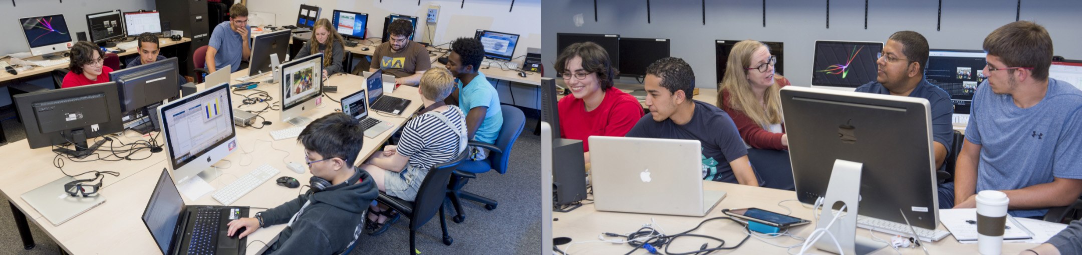 two images side by side. the first is an overhead of 8 people working at computers around two tables pushed together. the second is of 5 people working at computers.
