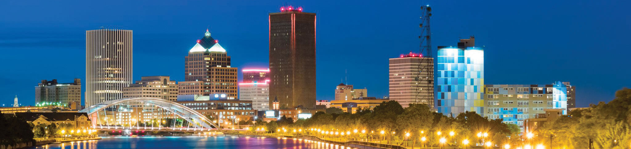 Nighttime photo of Rochester skyline.