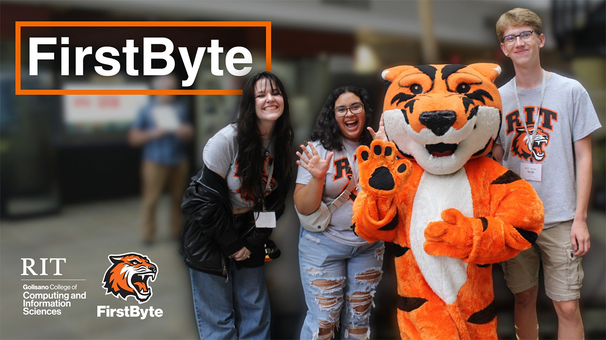 First-year students at the FirstByte Carnival with Ritchie. Text reads "FirstByte, RIT Golisano College of Computing and Information Sciences"