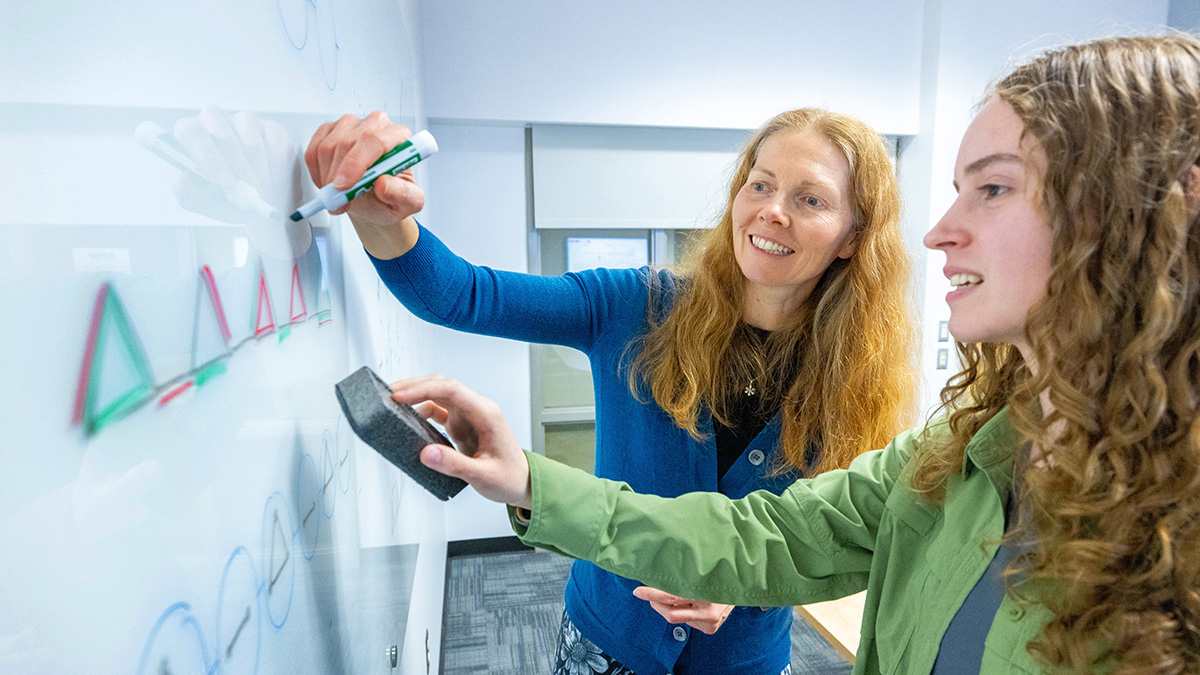 A faculty member and student using a whiteboard to demonstrate a research problem.