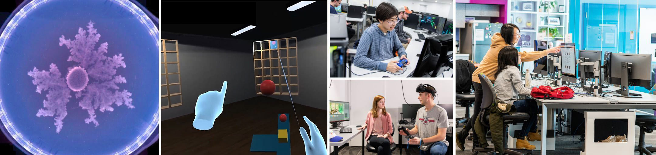 Collage of video game screenshots and photos of students playing and working on video games