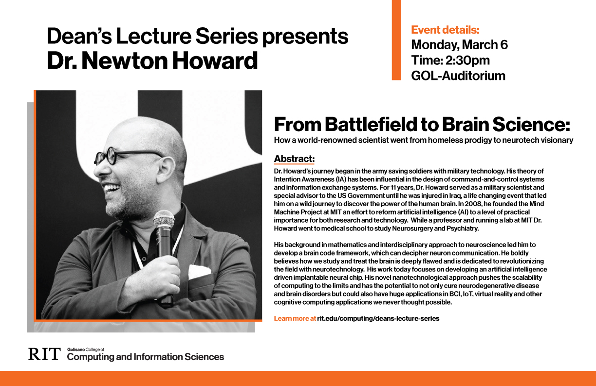 Poster for event with photo of Dr. Newton Howard holding microphone