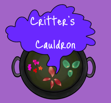Critters Cauldron logo on a pink background