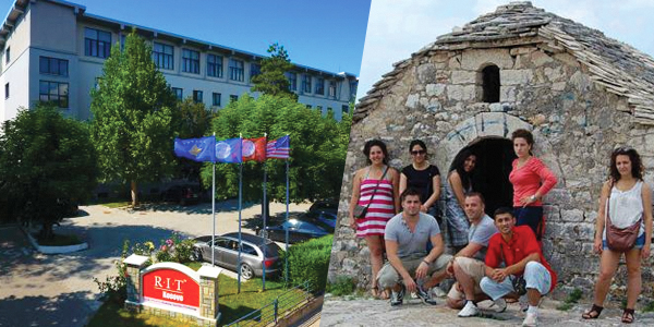 Two images combined with the one on the left showing the RIT Kosovo building and the one on the right showing young adults touring some historical sites.