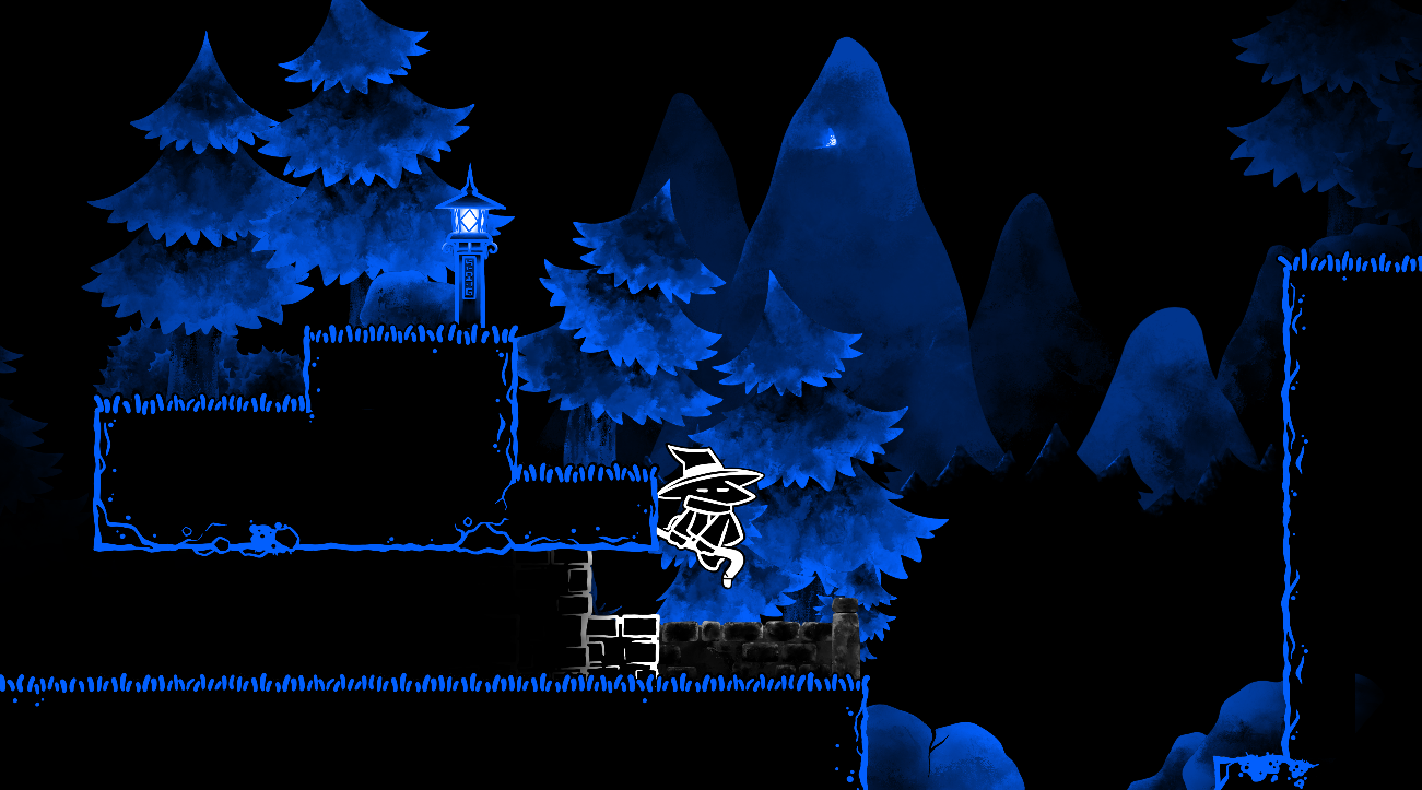 Image from gameplay of Lanternbearer showing a nightscape scene and player character