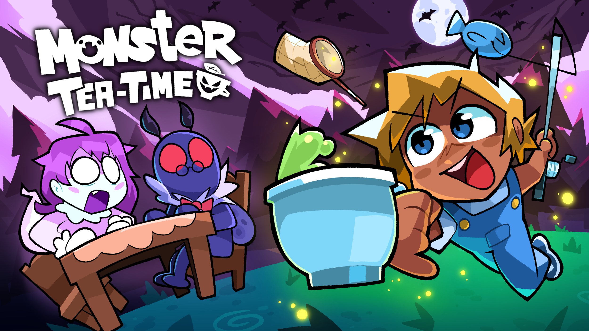 Keyframe art for Monster Tea Time game showing brightly colored scene with character